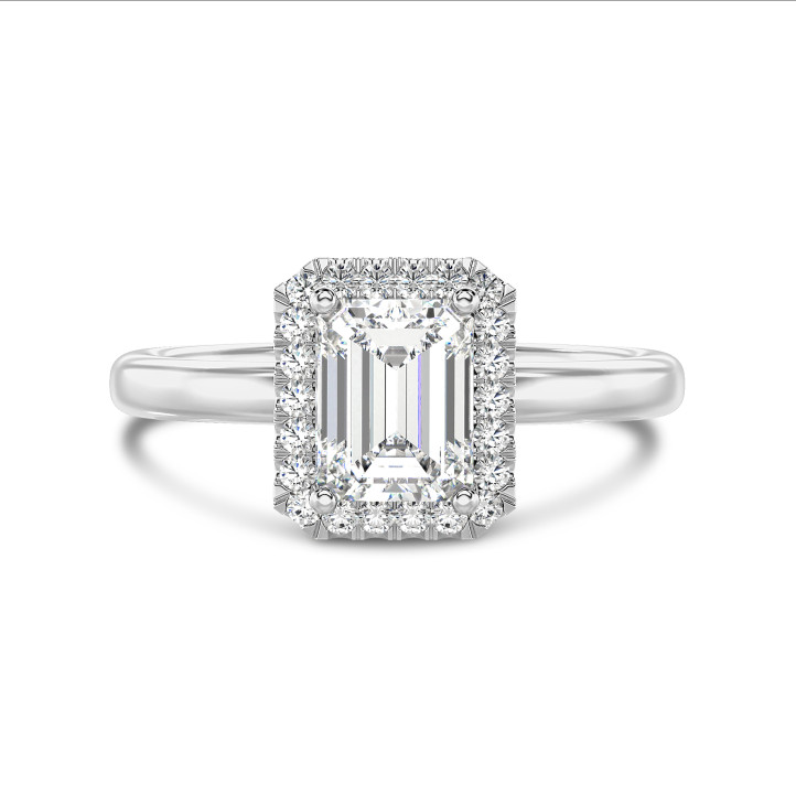 Anello solitario halo da 1,00 carati con diamante taglio smeraldo coltivato in laboratorio in oro bianco con diamanti rotondi coltivati in laboratorio
