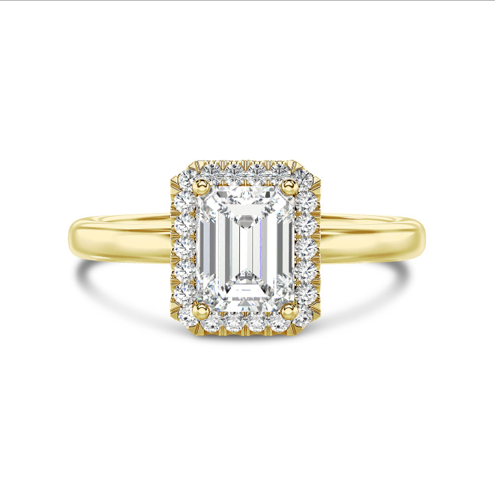 Anello solitario halo da 1,50 carati con diamante taglio smeraldo coltivato in laboratorio in oro giallo con diamanti rotondi coltivati in laboratorio