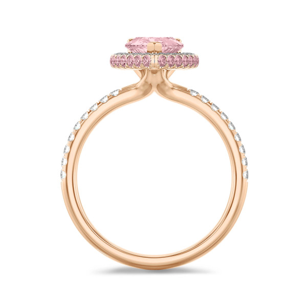 Search all PLP - Anello solitario da 1,50 carati con alone bianco e alone laterale rosa, diamante rosa sintetico e diamanti sintetici laterali in oro rosso