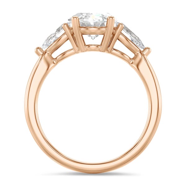 Anelli di fidanzamento - Anello trilogy con diamante ovale da 3,00 carati e diamanti a goccia laterali da 0,35 carati ciascuno in oro rosso