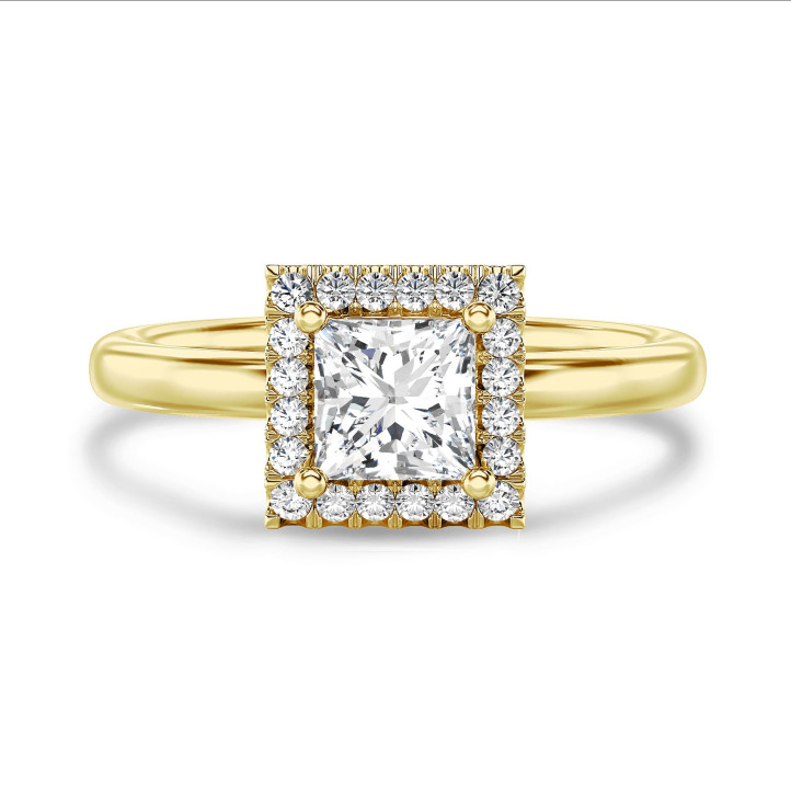 Anello solitario halo da 5,00 carati con diamante taglio princess coltivato in laboratorio in oro giallo con diamanti tondi coltivati in laboratorio