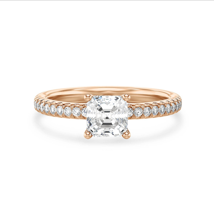 Anello solitario da 1,50 carati con diamante taglio Asscher coltivato in laboratorio in oro rosso e diamanti laterali coltivati in laboratorio