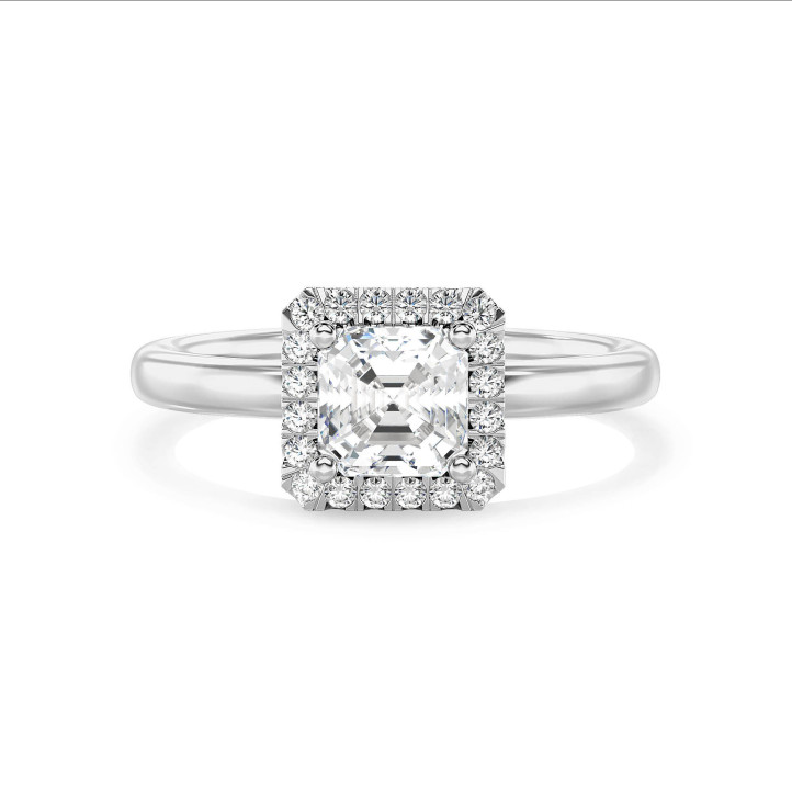 Anello solitario halo da 2,50 carati con diamante taglio asscher coltivato in laboratorio in oro bianco e diamanti tondi coltivati in laboratorio
