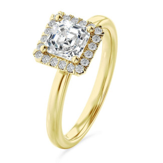 Anello solitario halo da 2,50 carati con diamante taglio asscher coltivato in laboratorio in oro giallo e diamanti tondi coltivati in laboratorio