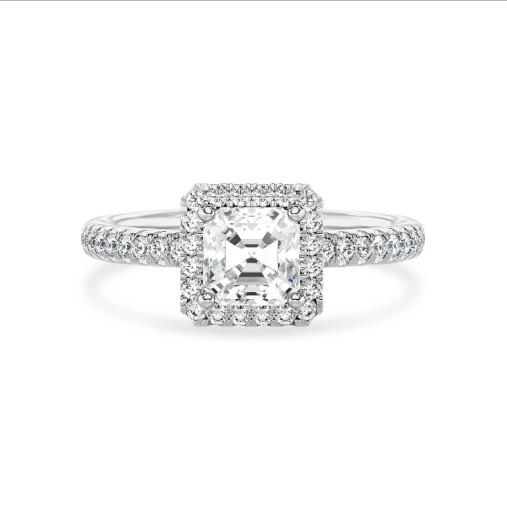 Anello solitario halo da 2,50 carati con diamante taglio asscher coltivato in laboratorio in oro bianco e diamanti tondi coltivati in laboratorio