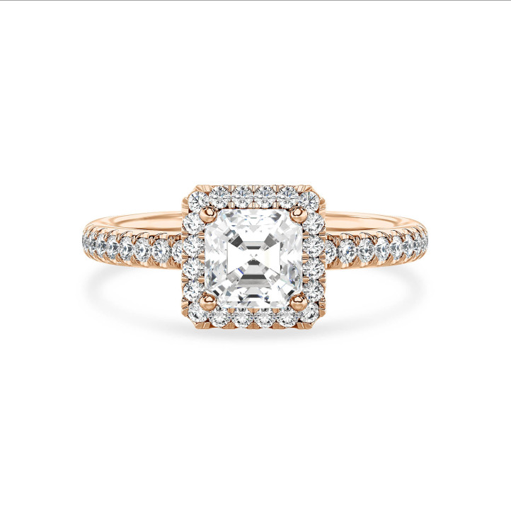 Anello solitario halo da 1,00 carati con diamante taglio asscher coltivato in laboratorio in oro rosso e diamanti rotondi coltivati in laboratorio