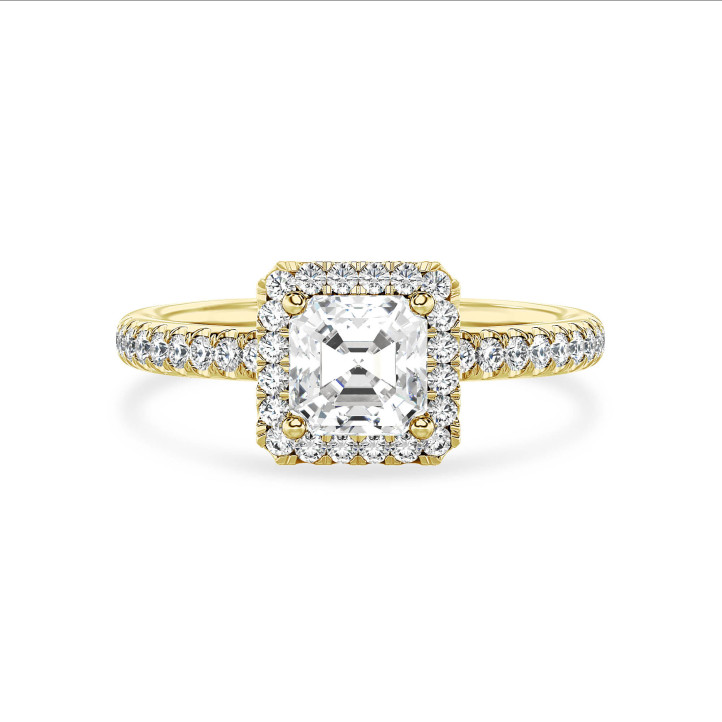 Anello solitario halo da 1,20 carati con diamante taglio asscher coltivato in laboratorio in oro giallo e diamanti tondi coltivati in laboratorio