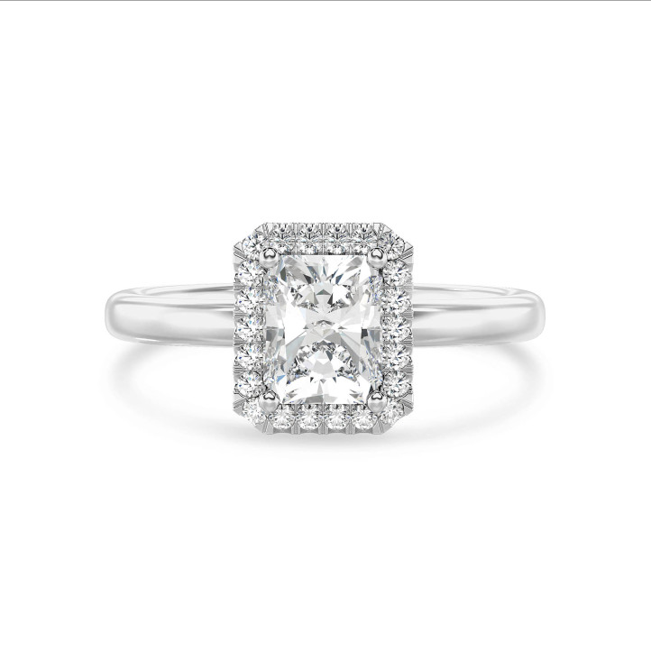 Anello solitario halo da 1,00 carati con diamante taglio brillante coltivato in laboratorio in oro bianco e diamanti tondi coltivati in laboratorio