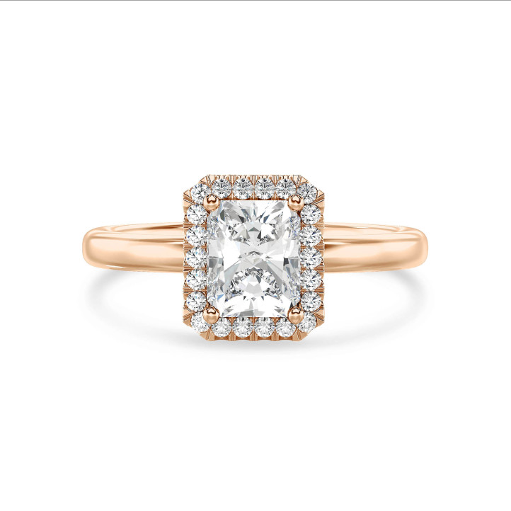 Anello solitario halo da 3,00 carati con diamante a taglio brillante coltivato in laboratorio in oro rosso e diamanti rotondi coltivati in laboratorio