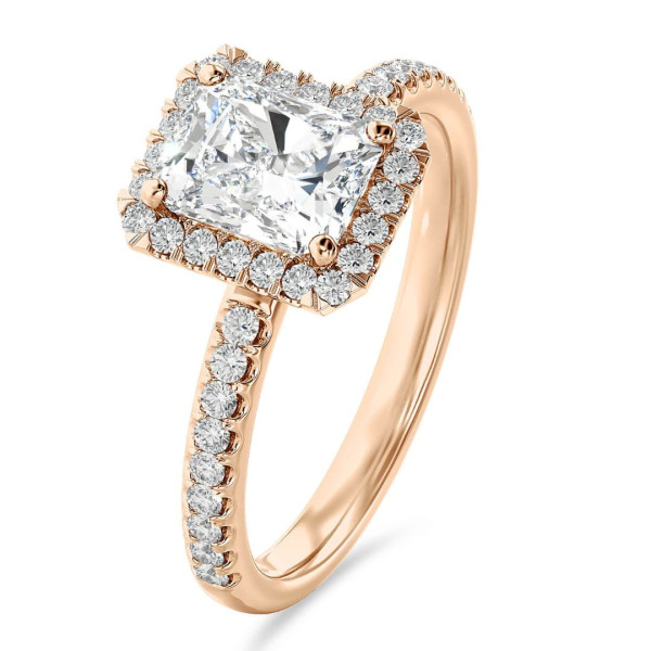 Search all PLP - Anello solitario halo da 1,50 carati con diamante a taglio brillante coltivato in laboratorio in oro rosso e diamanti rotondi coltivati in laboratorio
