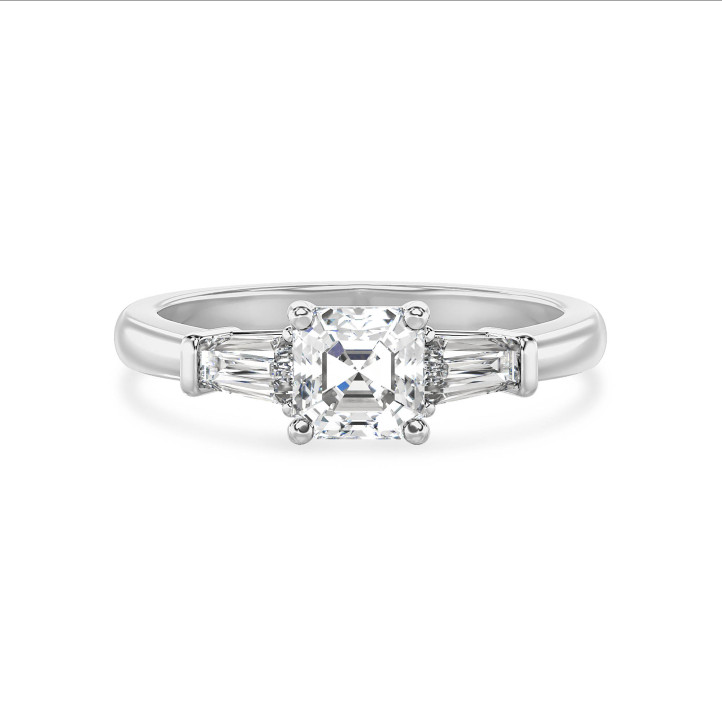 Anello trilogy da 1,00 carati in oro bianco con diamante taglio asscher coltivato in laboratorio e baguette affusolate coltivate in laboratorio