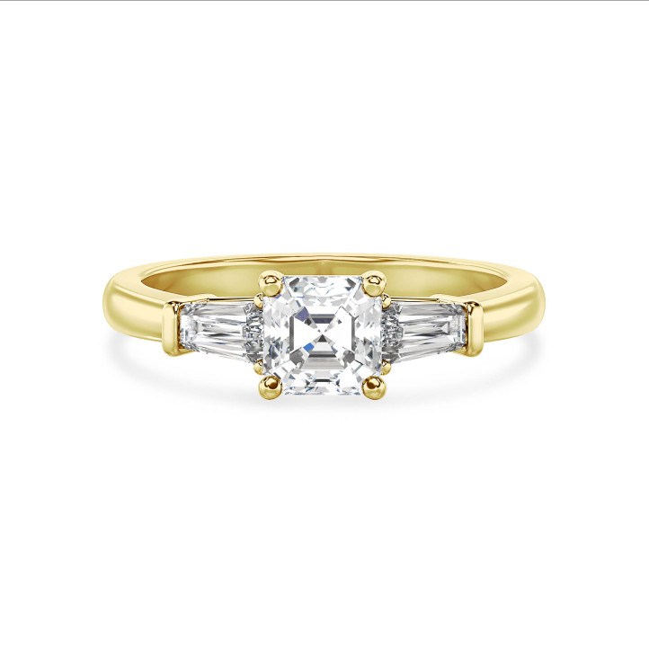 Anello trilogy da 1,00 carati in oro giallo con diamante taglio asscher coltivato in laboratorio e baguette affusolata coltivata in laboratorio