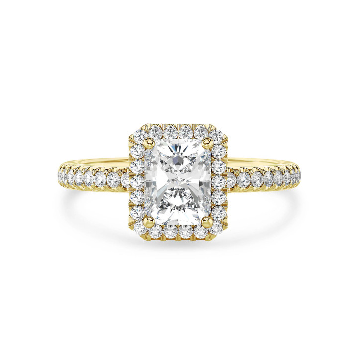 Anello solitario halo da 5,00 carati con diamante taglio brillante coltivato in laboratorio in oro giallo e diamanti tondi coltivati in laboratorio