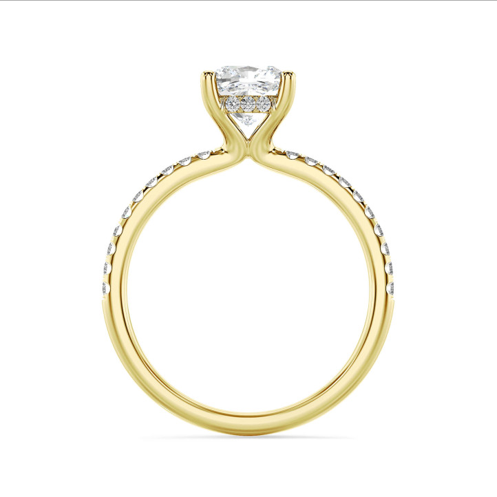 Anello solitario da 1,20 carati con diamante cushion coltivato in laboratorio e alone nascosto in oro giallo