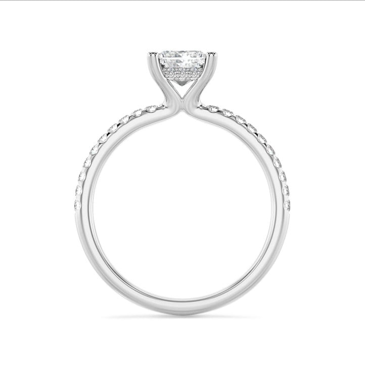 Anello solitario da 2,00 carati con diamante princess coltivato in laboratorio e aureola nascosta in oro bianco
