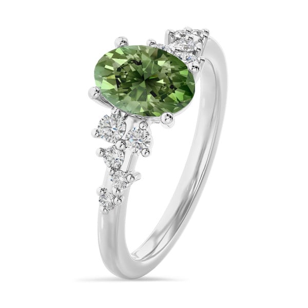Nuovi arrivi - Anello solitaire cluster da 1,00 carati in oro bianco con diamante sintetico ovale Fancy Vivid Green