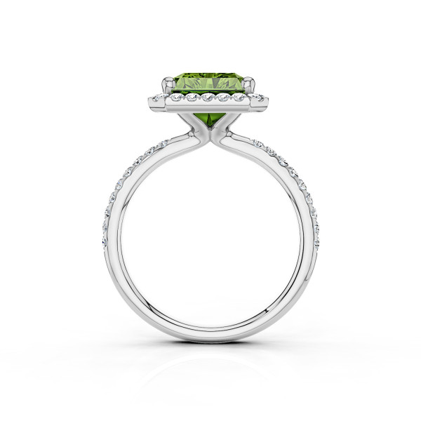 Nuovi arrivi - Anello solitario con halo da 2,00 carati con un diamante sintetico taglio smeraldo Fancy Vivid Green in oro bianco con diamanti laterali