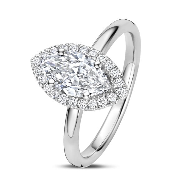 Search all PLP - Anello solitario halo da 3,00 carati con diamante marquesa coltivato in laboratorio in oro bianco con diamanti rotondi coltivati in laboratorio