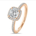 1.00カラットのソリティアハローリング、人工クッションカットダイヤモンド付きレッドゴールド、人工ラウンドカットダイヤモンド付き