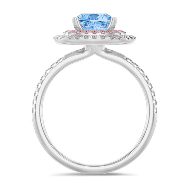 婚約指輪 - 1.50カラットのソリティア・ダブル（ピンクホワイト）ハローリングにブルーの人工ダイヤモンド（クッションカット）と人工ダイヤモンド（サイド）をあしらったホワイトゴールド製リング