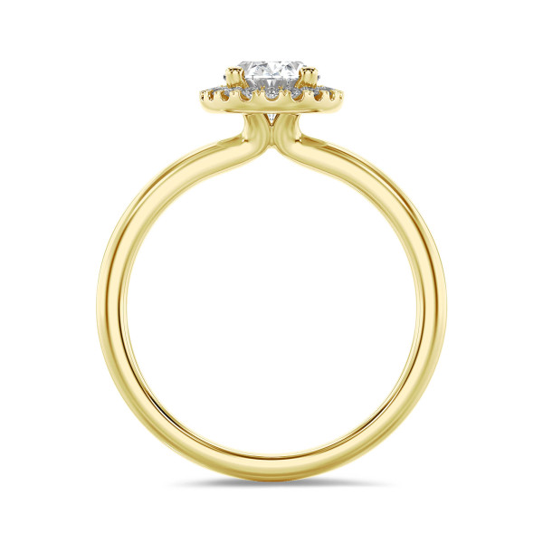 婚約指輪 - 1.50カラットのソリティアハローリング、人工ダイヤモンド（オーバルカット）をあしらったイエローゴールド製、人工ダイヤモンド（ラウンドカット）をあしらったイエローゴールド製