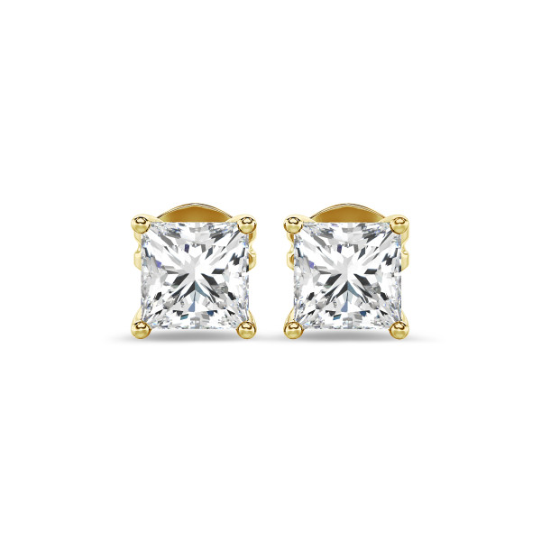 귀걸이 - 2.00캐럿 솔리테어 귀걸이, 옐로우 골드에 실험실 재배 프린세스 컷 다이아몬드
