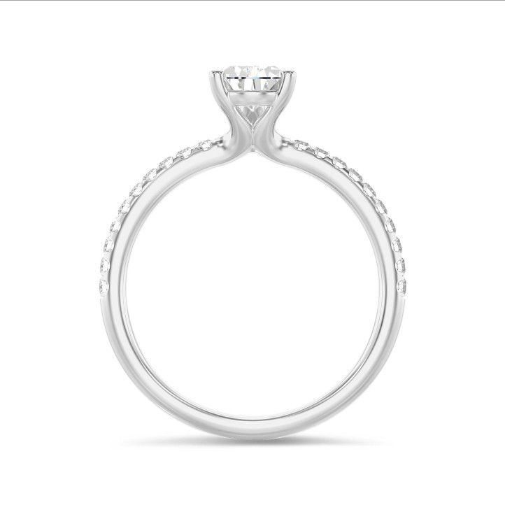 1.00캐럿 솔리테어 링, 화이트 골드에 실험실 재배 진주 모양 다이아몬드와 실험실 재배 사이드 다이아몬드