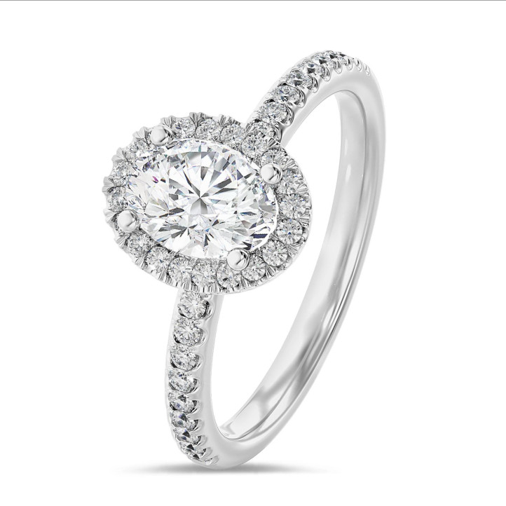 2.00캐럿 솔리테어 할로 링, 화이트 골드에 라보 그로운 오벌 다이아몬드와 라운드 라보 그로운 다이아몬드
