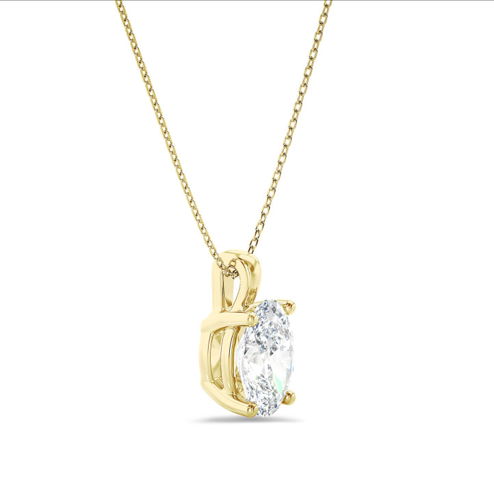 3.00캐럿 솔리테어 실험실 재배 오벌 컷 다이아몬드 펜던트, 옐로우 골드