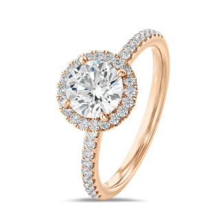 1.20캐럿 솔리테어 할로 링, 레드 골드에 라운드 실험실 재배 다이아몬드