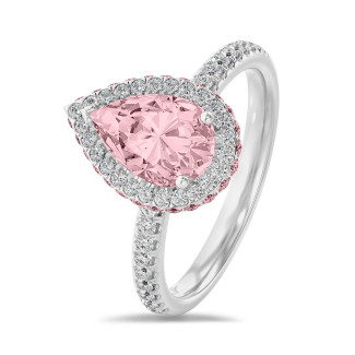 2.00캐럿 솔리테어 화이트 할로 링에 핑크 사이드 할로와 핑크 실험실 재배 진주 모양 다이아몬드, 화이트 골드에 세팅된 실험실 재배 사이드 다이아몬드
