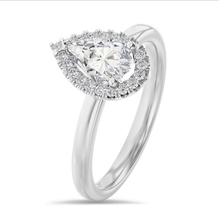 5.00캐럿 솔리테어 할로 링, 화이트 골드에 라보 그로운 진주 모양 다이아몬드와 라운드 라보 그로운 다이아몬드 장식