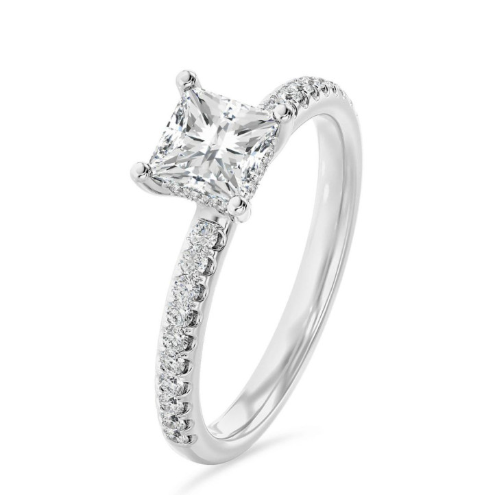 1.00캐럿 솔리테어 링에 실험실에서 재배된 프린세스 컷 다이아몬드와 화이트 골드에 숨겨진 할로 디자인