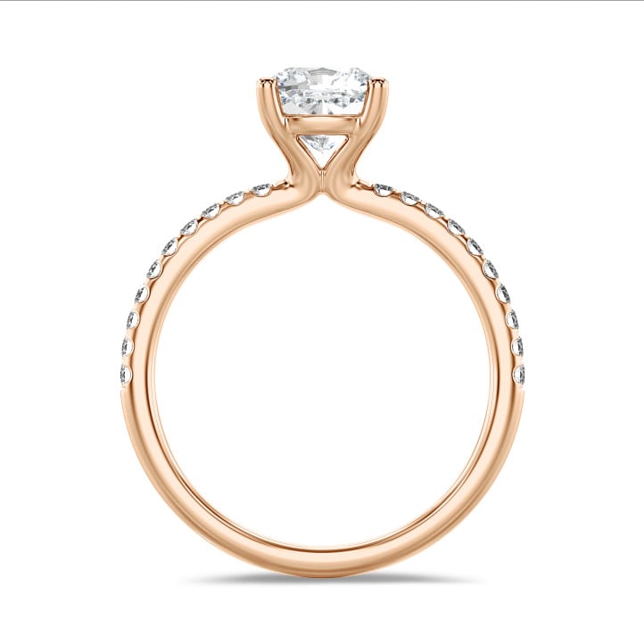 1.20 karaat solitaire ring met een lab grown cushion diamant in rood goud met lab grown zijdiamanten