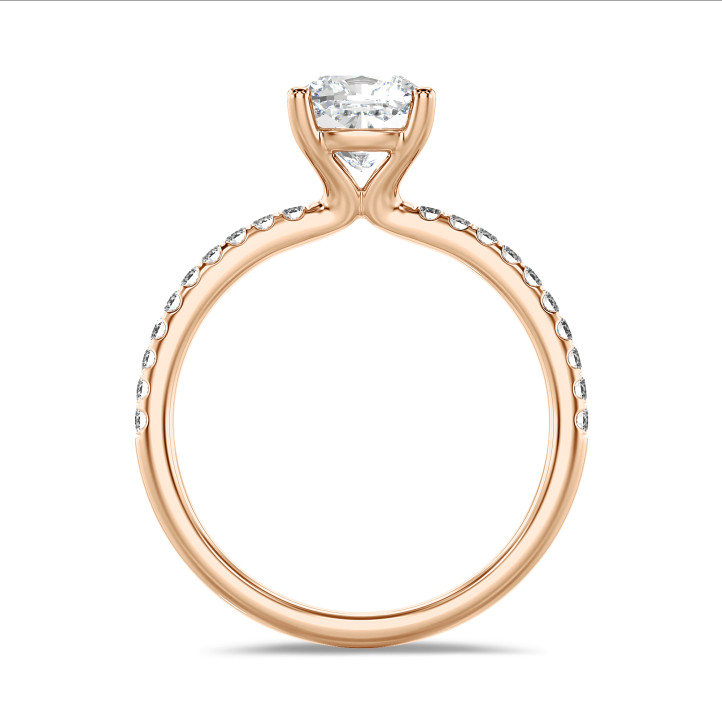 1.00 karaat solitaire ring met een lab grown cushion diamant in rood goud met lab grown zijdiamanten