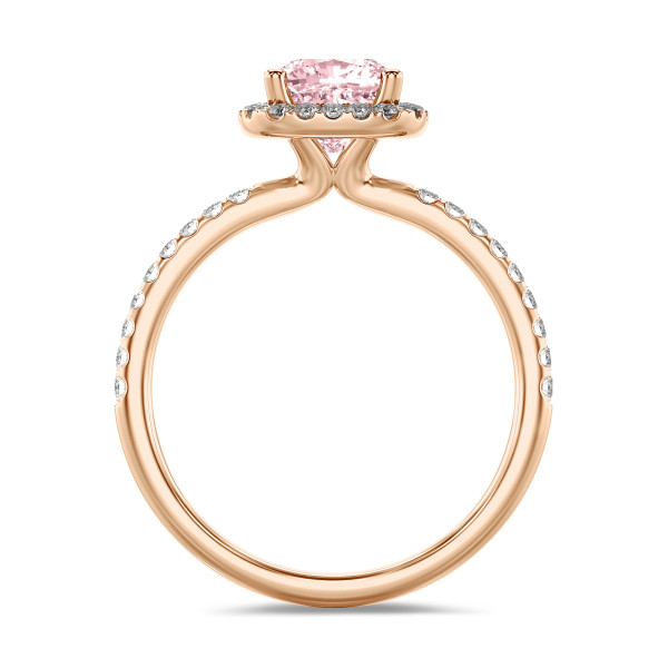 1.00 karaat halo solitaire ring met een roze lab grown cushion diamant in rood goud met ronde lab grown diamanten