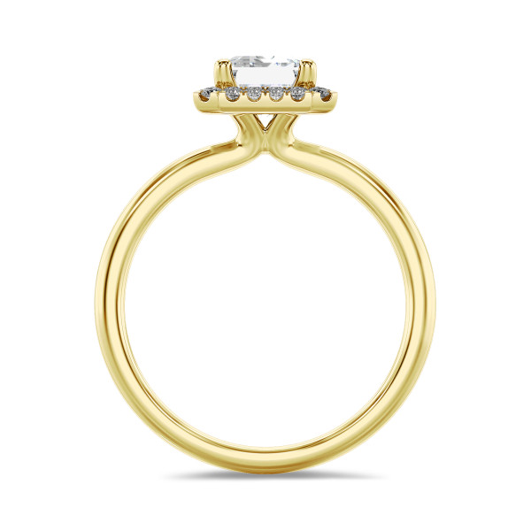 Verlovingsringen - 1.00 karaat halo solitaire ring met een lab grown emerald cut diamant in geel goud met ronde lab grown diamanten