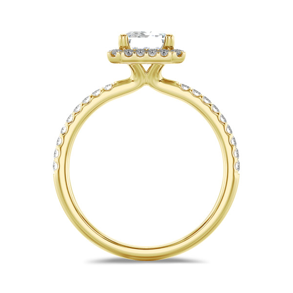 Ringen - 3.00 karaat halo solitaire ring met een lab grown emerald cut diamant in geel goud met ronde lab grown diamanten