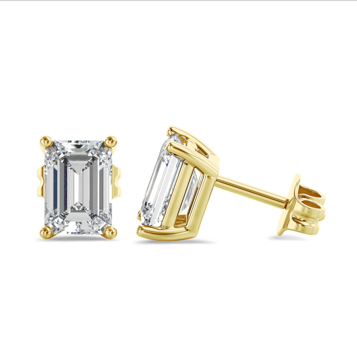2.00 karaat solitaire oorbellen in geel goud met lab grown emerald cut diamanten