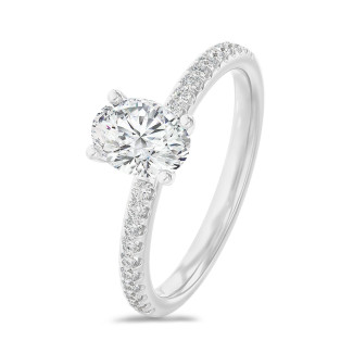 1.50 karaat solitaire ring met een ovale lab grown diamant in wit goud met lab grown zijdiamanten