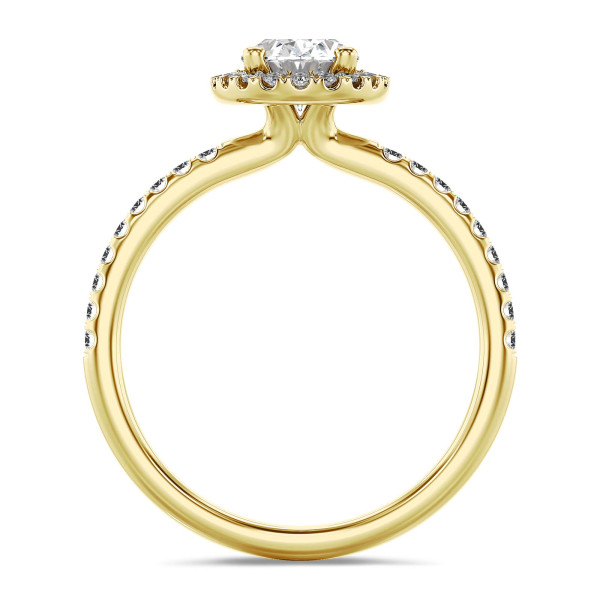 1.00 karaat halo solitaire ring met een ovale lab grown diamant in geel goud met ronde lab grown diamanten