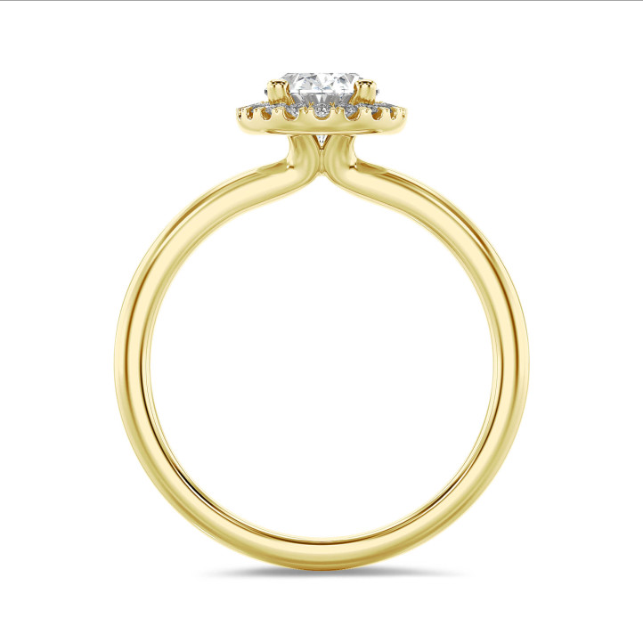 5.00 karaat halo solitaire ring met een ovale lab grown diamant in geel goud met ronde lab grown diamanten