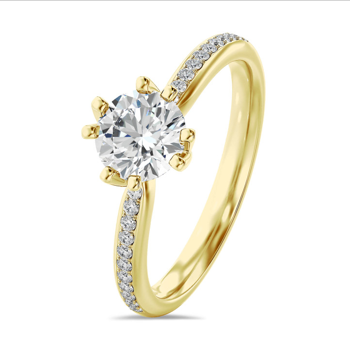 5.00 karaat lab grown diamanten solitaire ring in geel goud met lab grown zijdiamanten