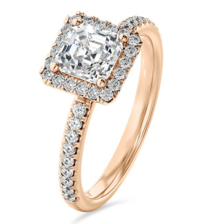 5.00 karaat halo solitaire ring met een lab grown asscher cut diamant in rood goud en ronde lab grown diamanten