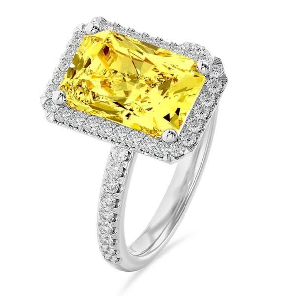 Verlovingsringen - 3.00 karaat halo solitaire ring met een gele lab grown radiant cut diamant in wit goud