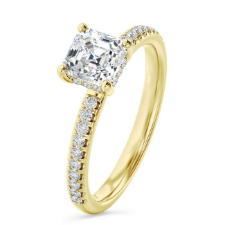 1.50 karaat solitaire ring met een lab grown asscher cut diamant en hidden halo in geel goud