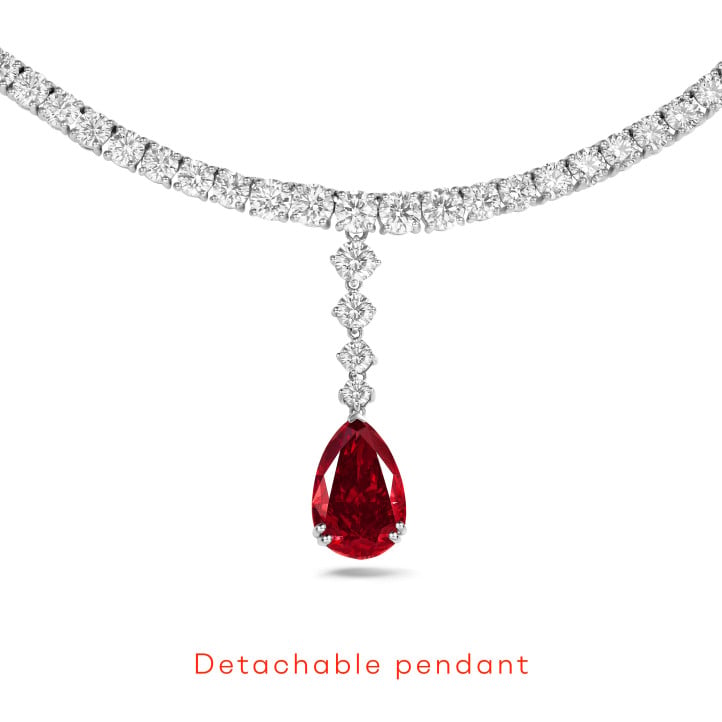 One of a kind 34.90 karaat lab grown diamanten dégradé halsketting in wit goud met een Fancy Vivid rode peervormige lab grown diamant