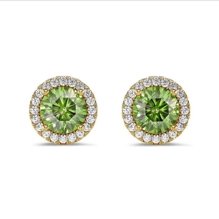 2,00 karaat Fancy Vivid Green laboratoriumgekweekte diamant halo oorbellen in geelgoud
