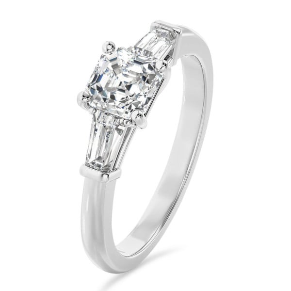 Verlovingsringen - 2.00 karaat trilogie ring in witgoud met een lab grown asscher cut diamant en lab grown conische baguettes