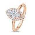1.00 karaat halo solitaire ring met Marquise lab grown diamant in rood goud met ronde lab grown diamanten